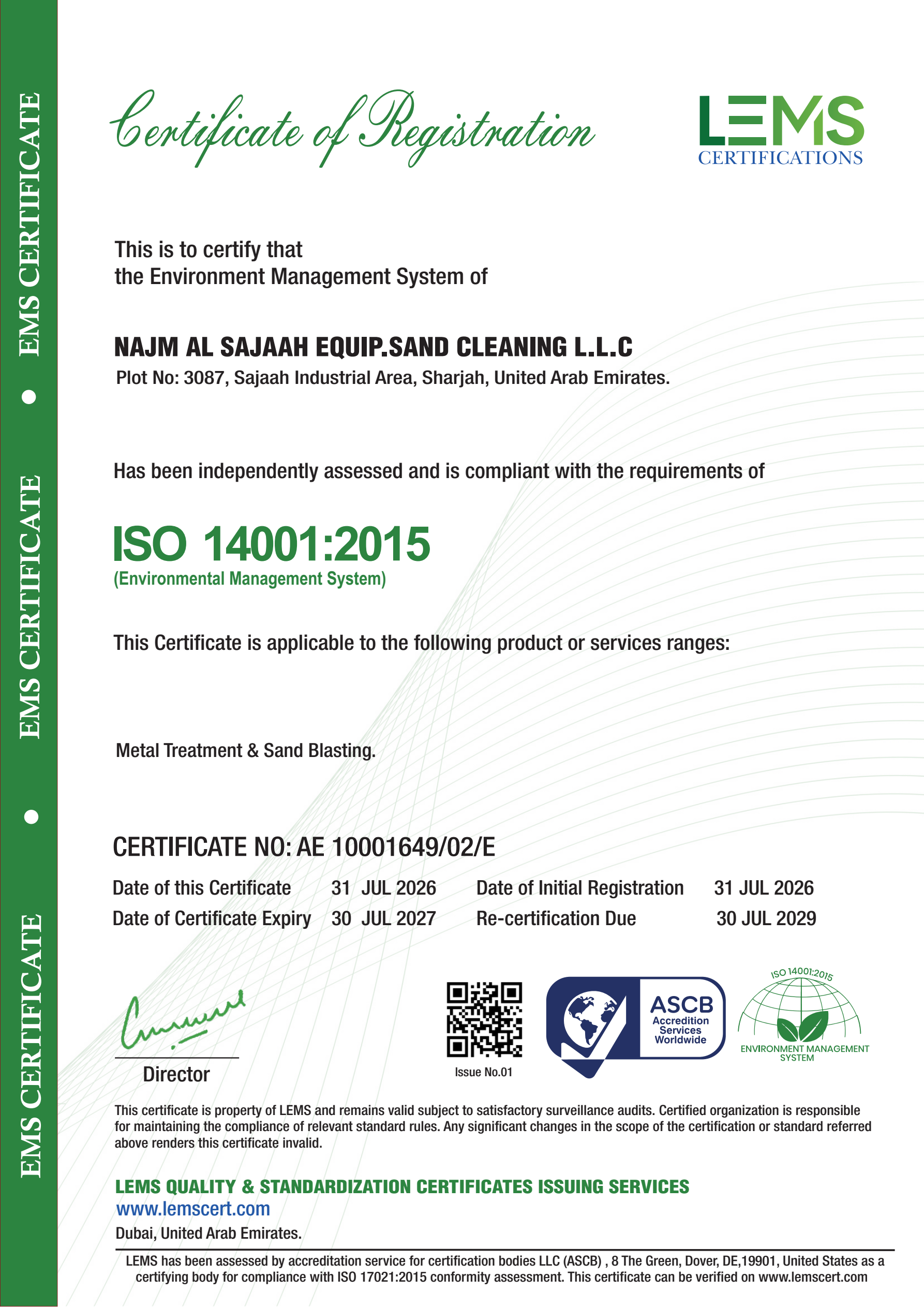 ISO 14001:2015 Certificate preview - Najm Al Sajaah Metal Treatment & Sand Blasting