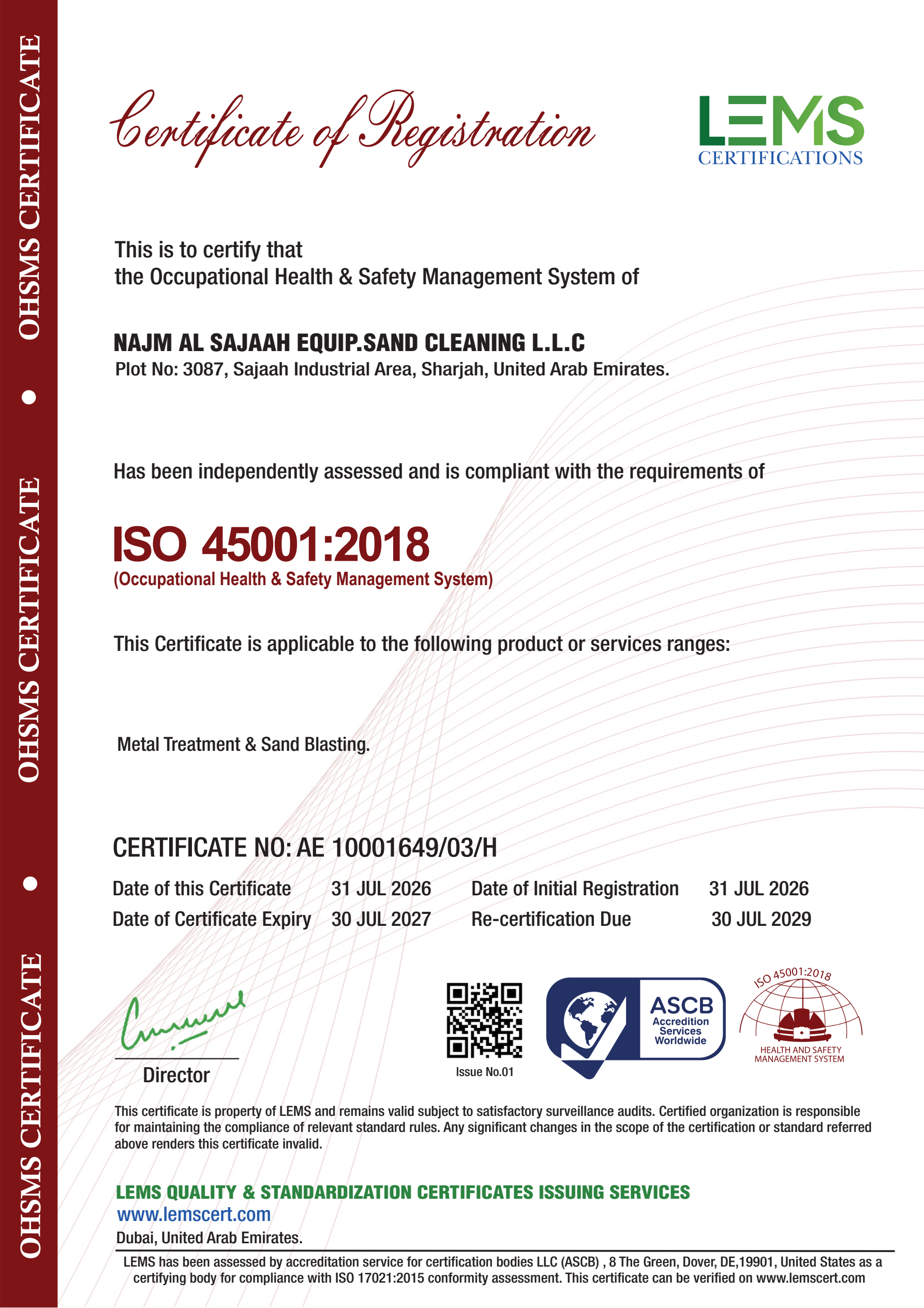 ISO 45001:2018 Certificate preview - Najm Al Sajaah Metal Treatment & Sand Blasting