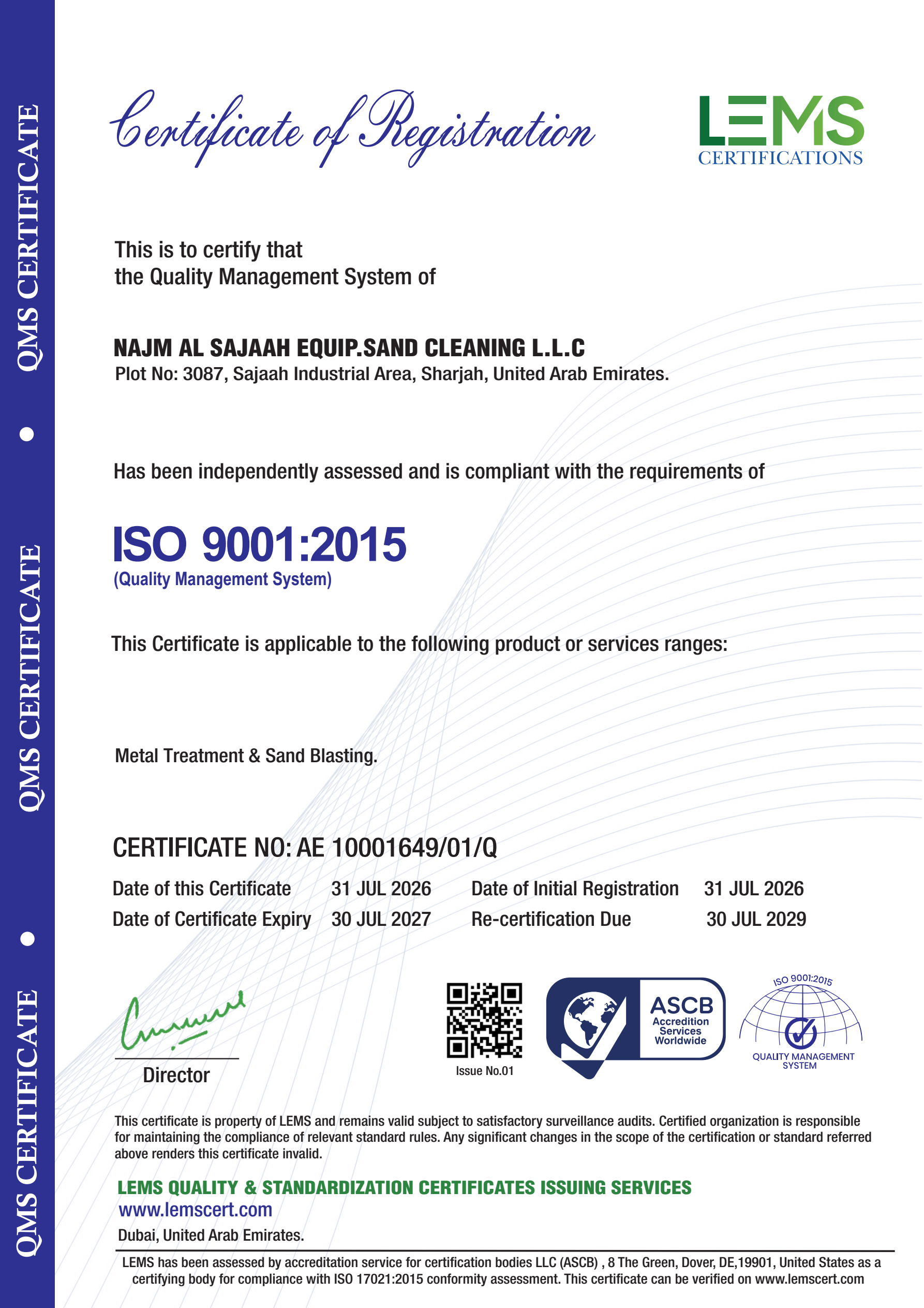 ISO 9001:2015 Certificate preview - Najm Al Sajaah Metal Treatment & Sand Blasting
